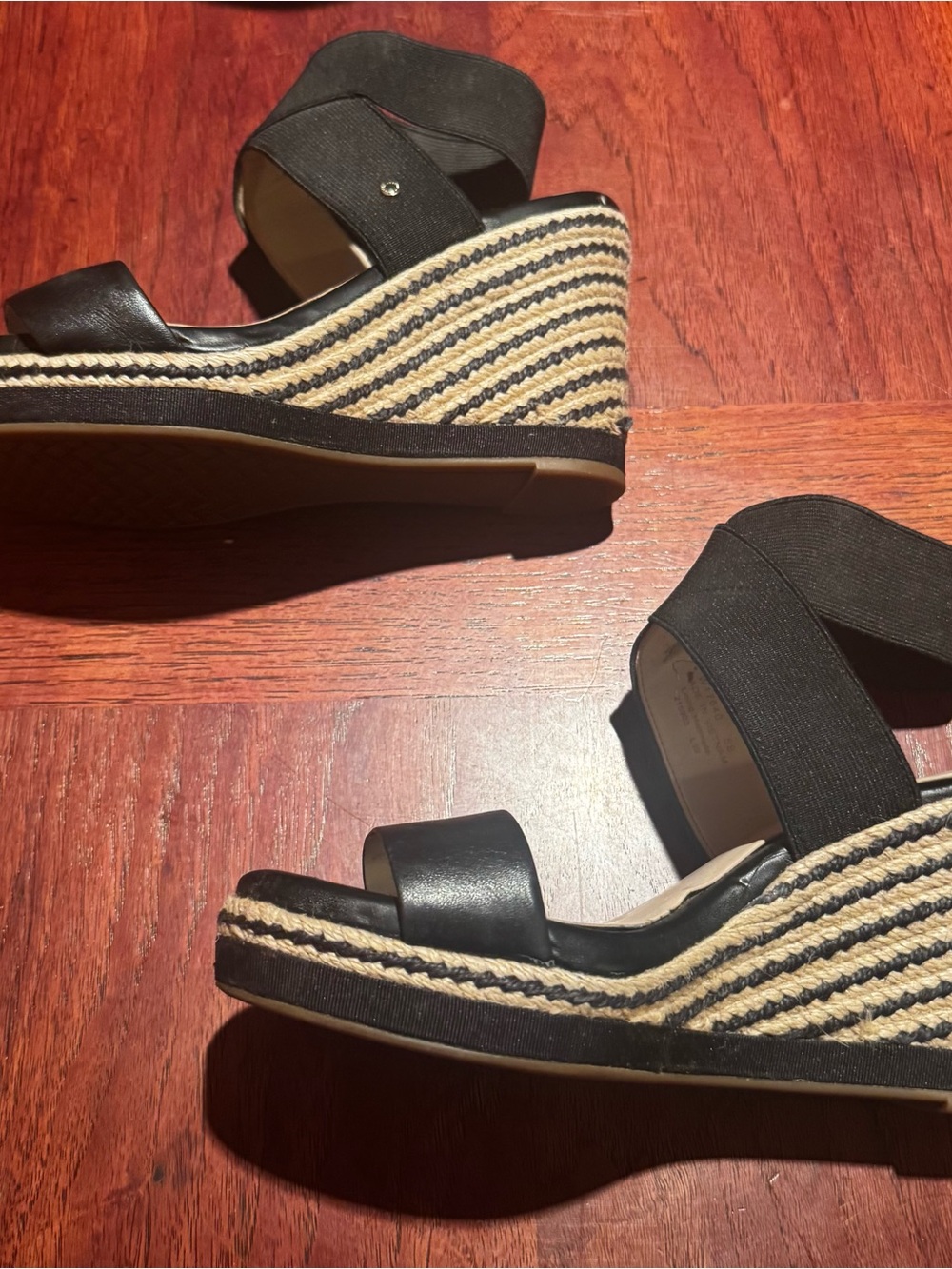 Cole Haan Black Espadrille Wedge Sandals with Natural Rope Details